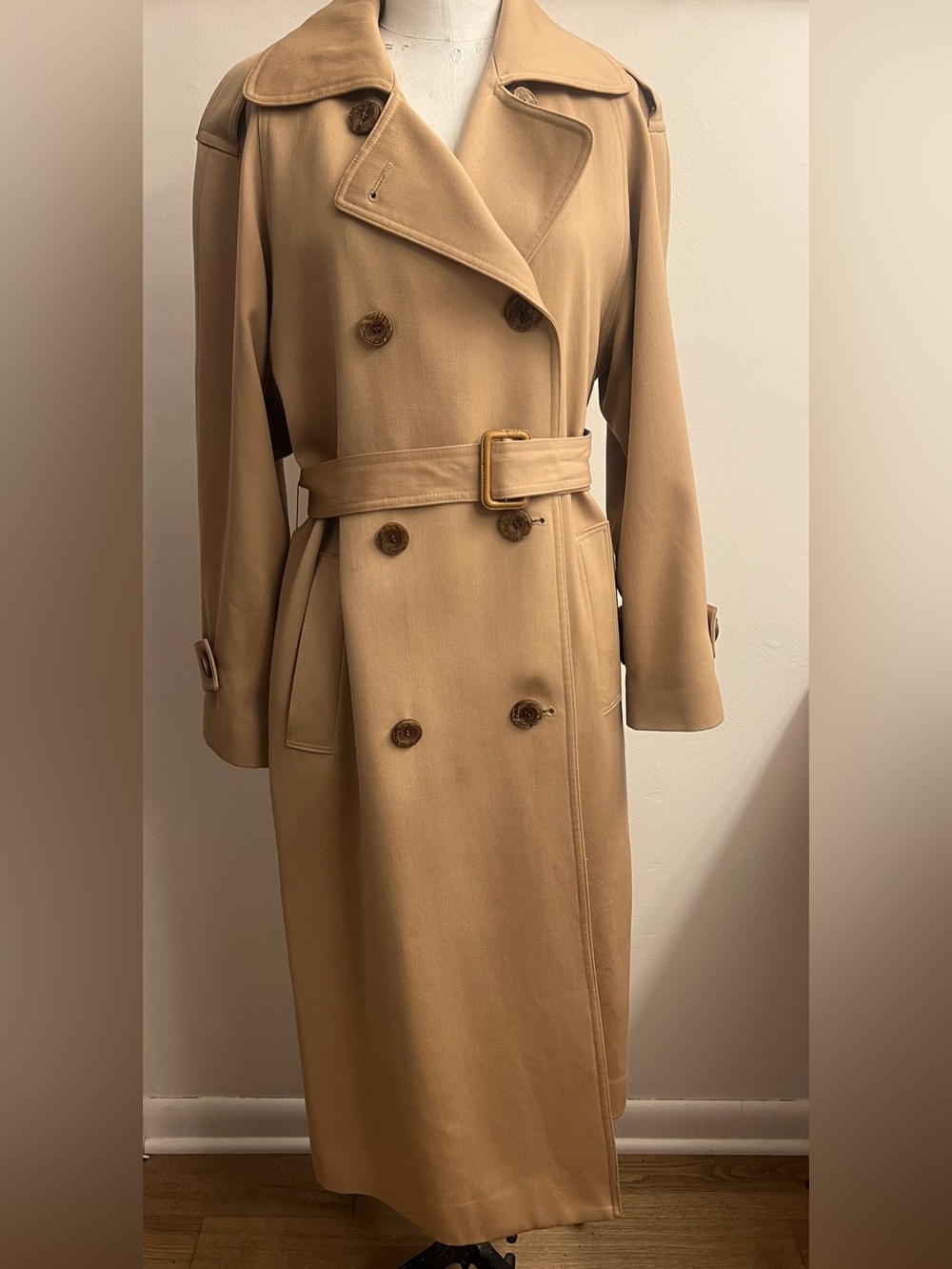 Quiet luxury Saks Fifth Avenue Camel Double-Breasted Trench Coat with Belt.